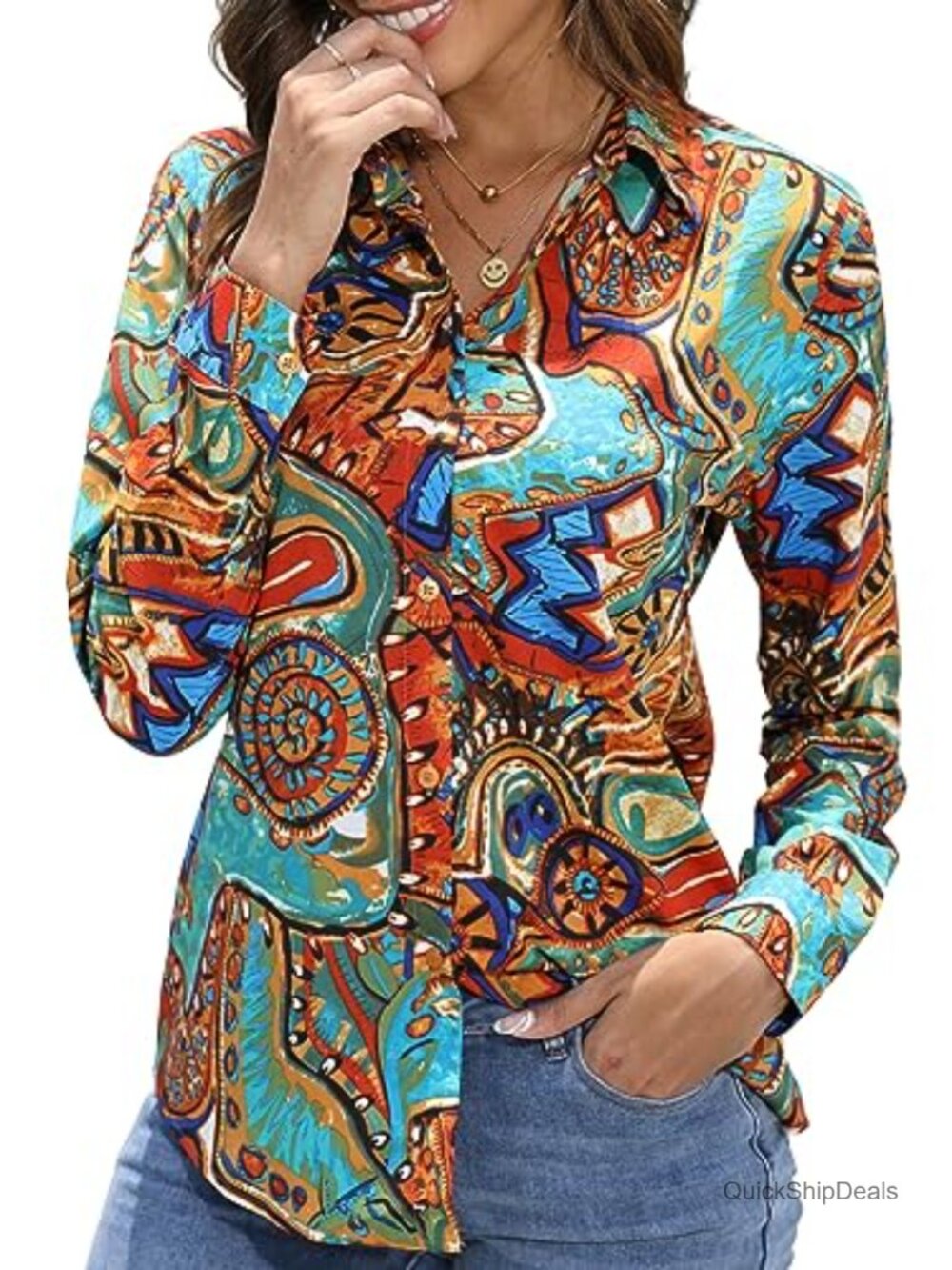 Wrinkle-Resistant Silky Printed Button Down Shirt Long Sleeve Women